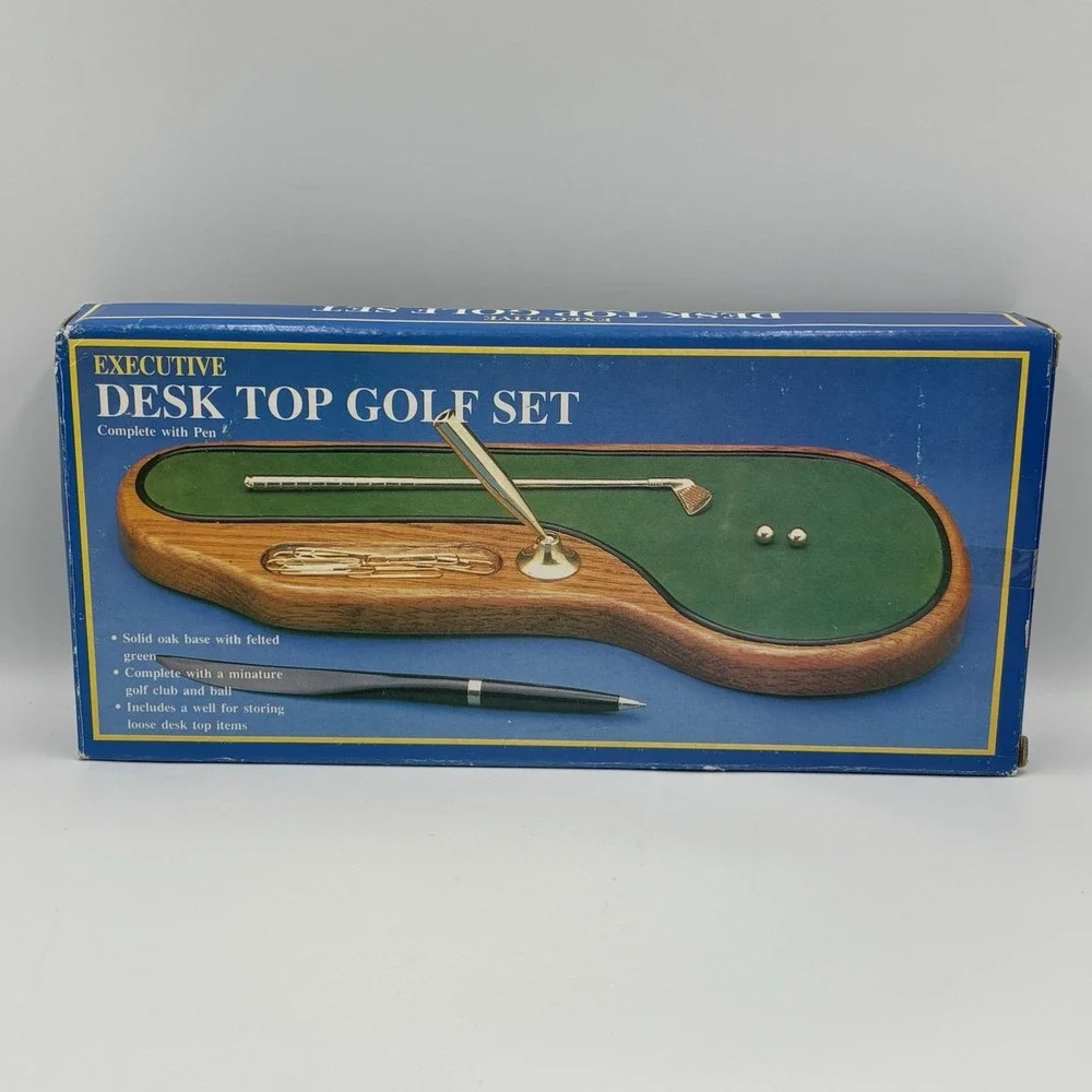 Vintage Desktop Pen Holder Golf Putting Green Walnut Base Man Cave Golf Open Box